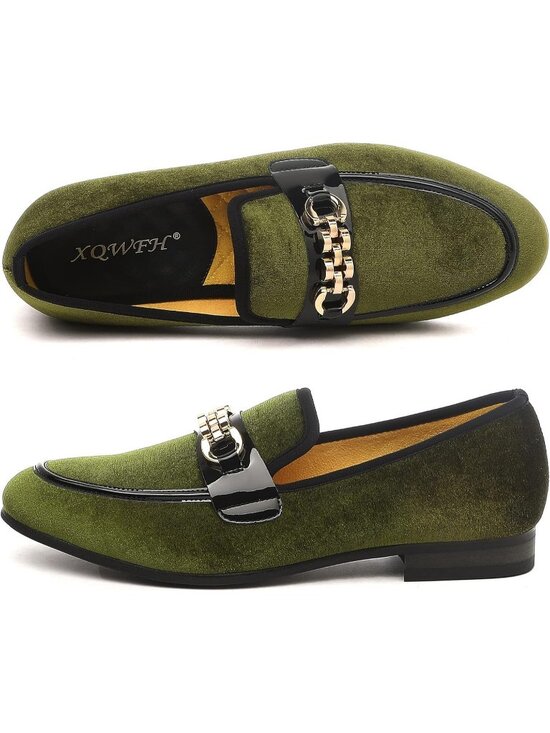 XQWFH Men\'s Army Green Velvet Loafers Gold Chain Buckle Slip On Flats Shoes main image 6